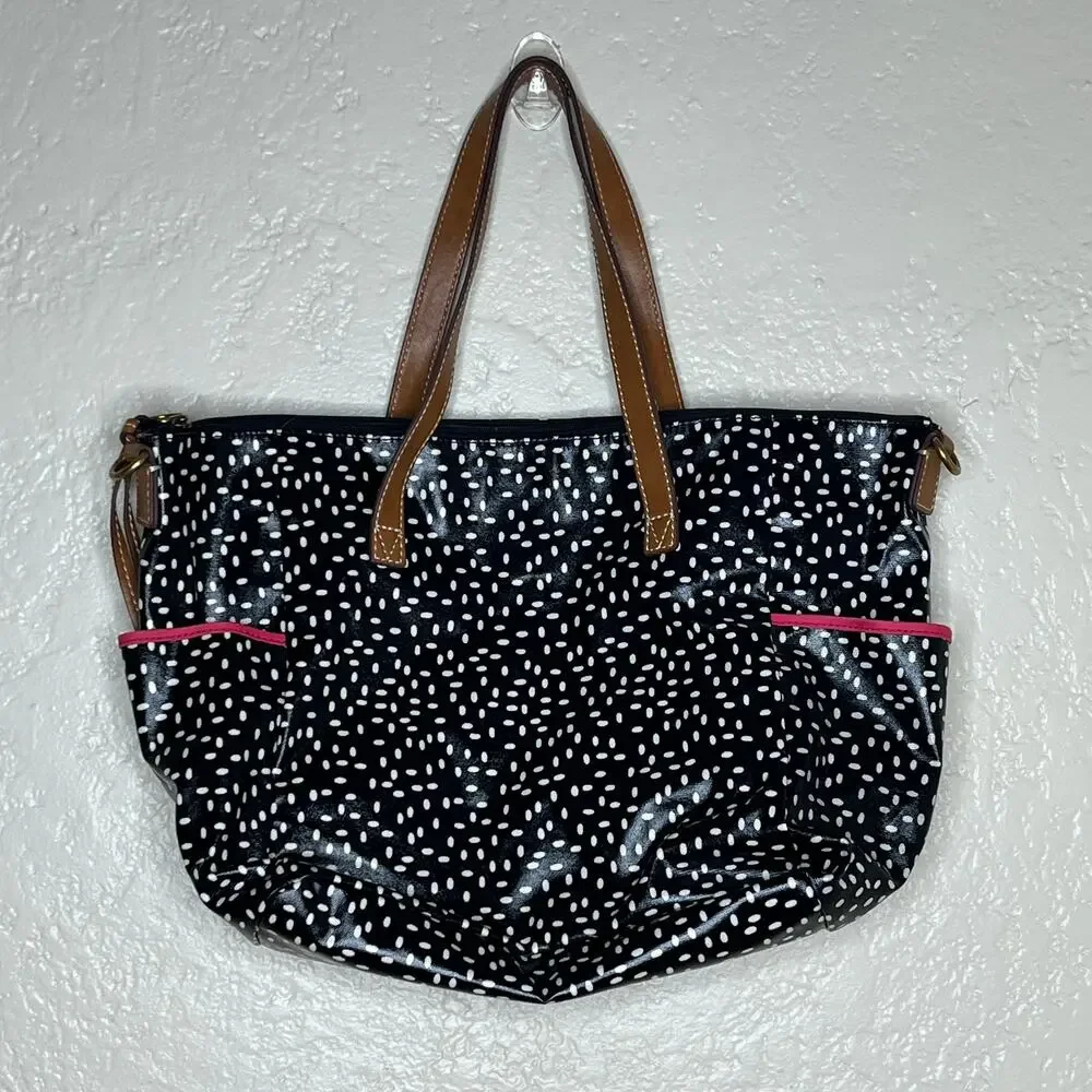Fossil Large Waxed Leather Shoulder Tote Zip Top Black Speckeled Bag - Picture 2 of 8